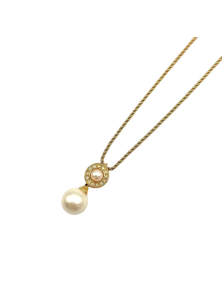 Dior Double Strand Drop Rhinestone Faux Pearl Gold Necklace